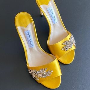 JIMMY CHOO  Yellow Stacy 85 Satin Mules/Crystal/Slides/Size 41